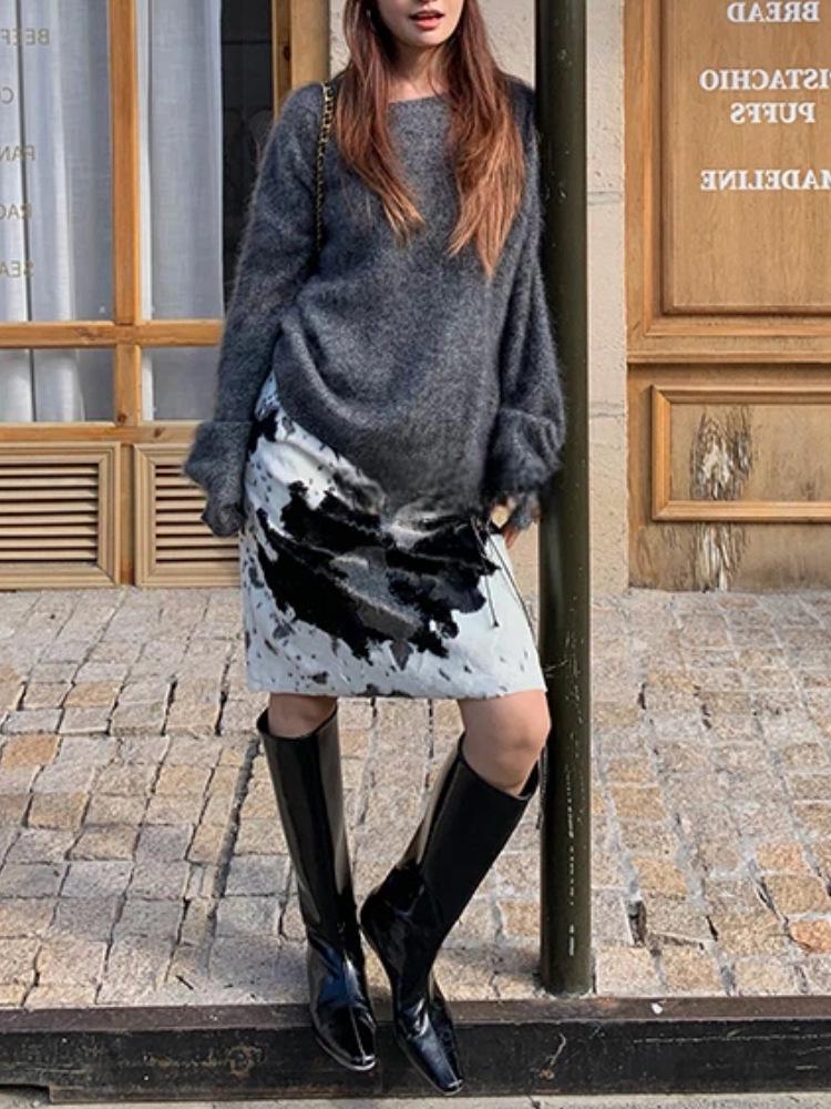 BLUETIQU Umweltfreundlicher flauschiger Kuhmuster-Fellimitat-Rock mit Taillenband