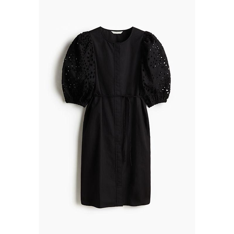 

HM Women s Clothing Dress 2025 Autumn New Arrival Puff Sleeves Cut Out Embroidered Crew Neck Waist Knee-Length Skirt 1275625