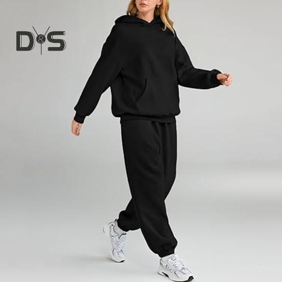 2 bucăți/set pantaloni sport pentru femei, cu glugă, cu mânecă lungă, de culoare pură, cu glugă, cu talie elastică, pantaloni largi, cu bandă la gleznă, ocazional, trening fitness zilnic