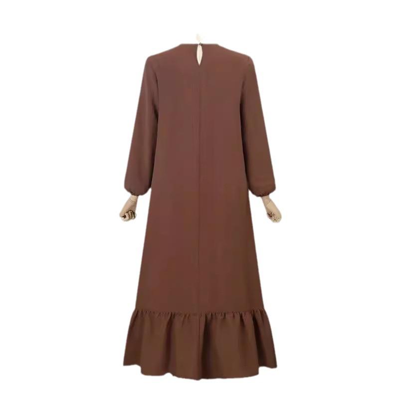 Elegant Puff Sleeve Solid Color Arabic Long Dress with Ruffles