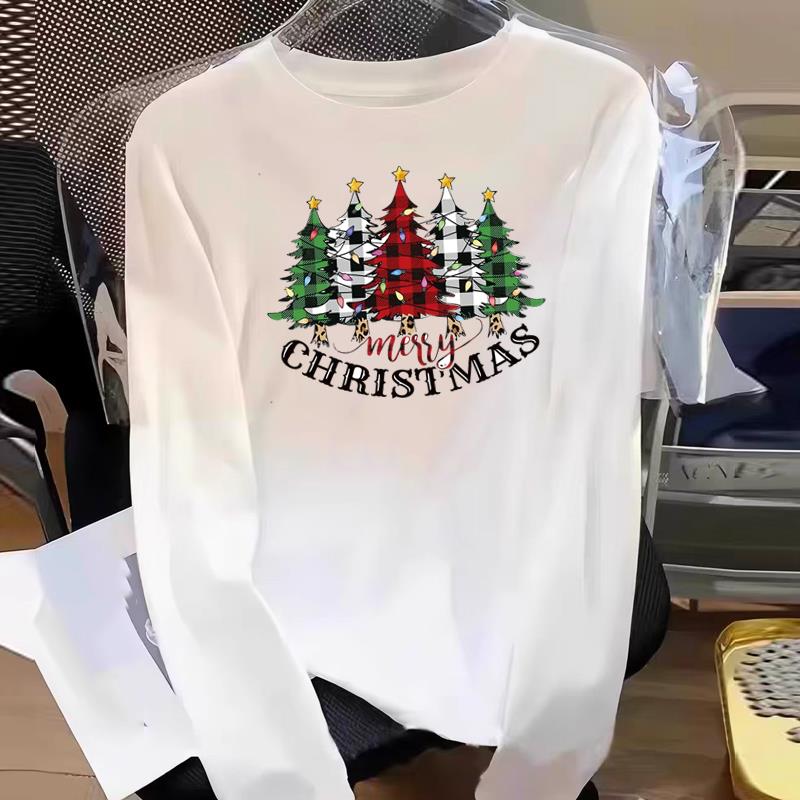 (Asian Size) Print T Shirt Graphic Tee Women plaid tree merry Christmas new year Casual Fashion Top o-neck Clothing Long Sleeve T-shirts
