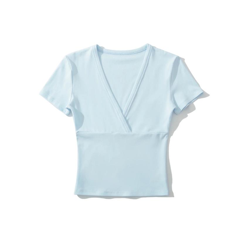 Cross Deep V-neck Short-sleeved T-shirt Women's Summer New American Spice Girl Style Solid Color Thin Short Bottoming Top