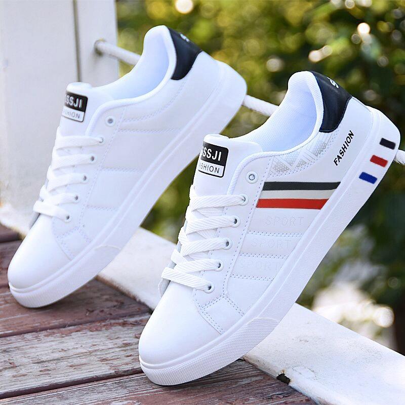 Men's Classic Leather Sneakers with Color Block Stripe Design Casual Low-Top Skate Shoes for Daily Wear