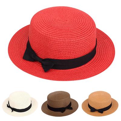 Chapéu de Palha Feminino Simples Preto Laço Cor Sólida Britânico Elegante Chapéu de Sol