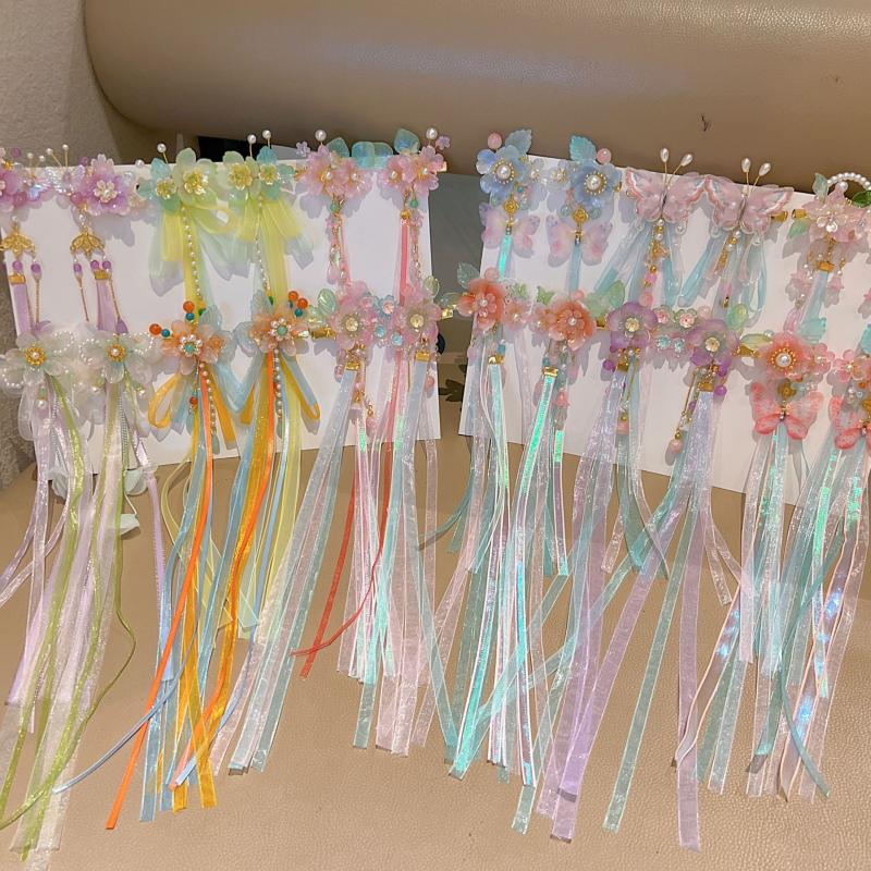 1 Pair Ancient Chinese Hanfu Girl'S Tassel Hair Clip Princess Style Flowing Silk Hairpin Adorable Headwear For Little Girls