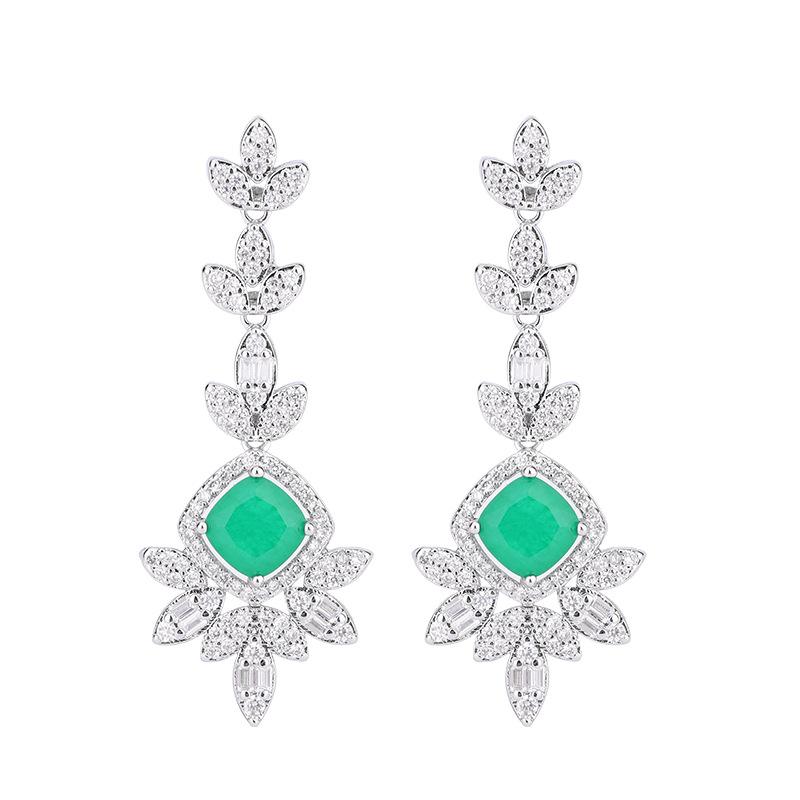 Jewelry Copper-Plated Real Gold Wind Simulation Emerald Pendant Earrings Women'S Set Main Stone 8 * 8