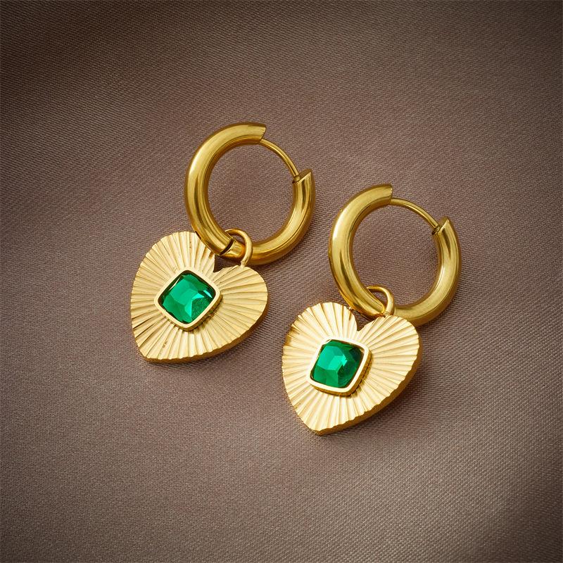 Green Zircon Heart Hoop Earrings For Women Gold Plated Stainless Steel Dangle Jewelry