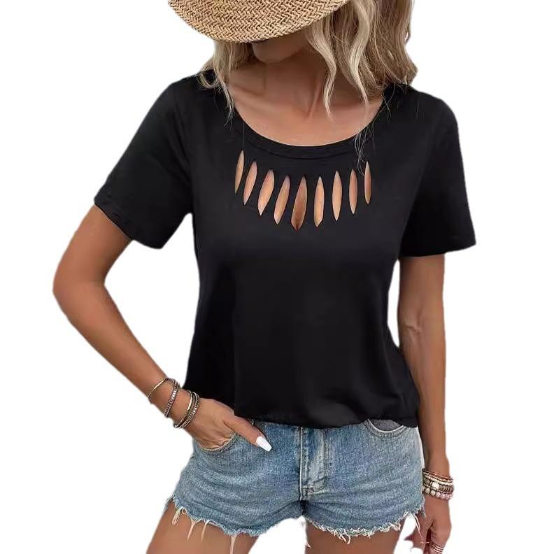 Women's Solid Color Casual and Fashionable Chest Hollow Loose Short-sleeved T-shirt