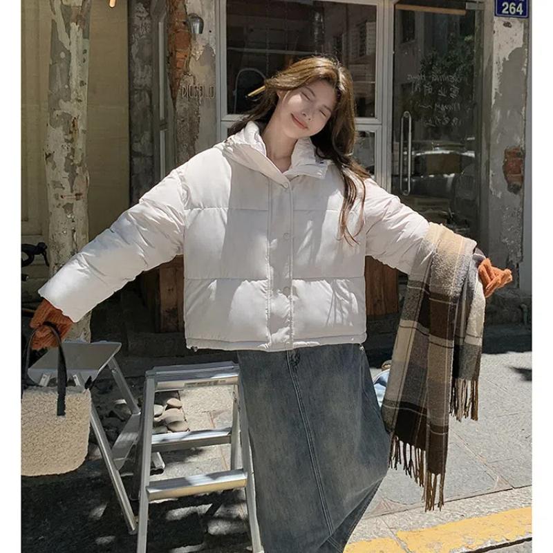 Damen Herbst- und Winterjacke Einfarbig Kapuze Kurz Locker Verdickt Winddicht Studentenjacke Damenjacke 5 Farben