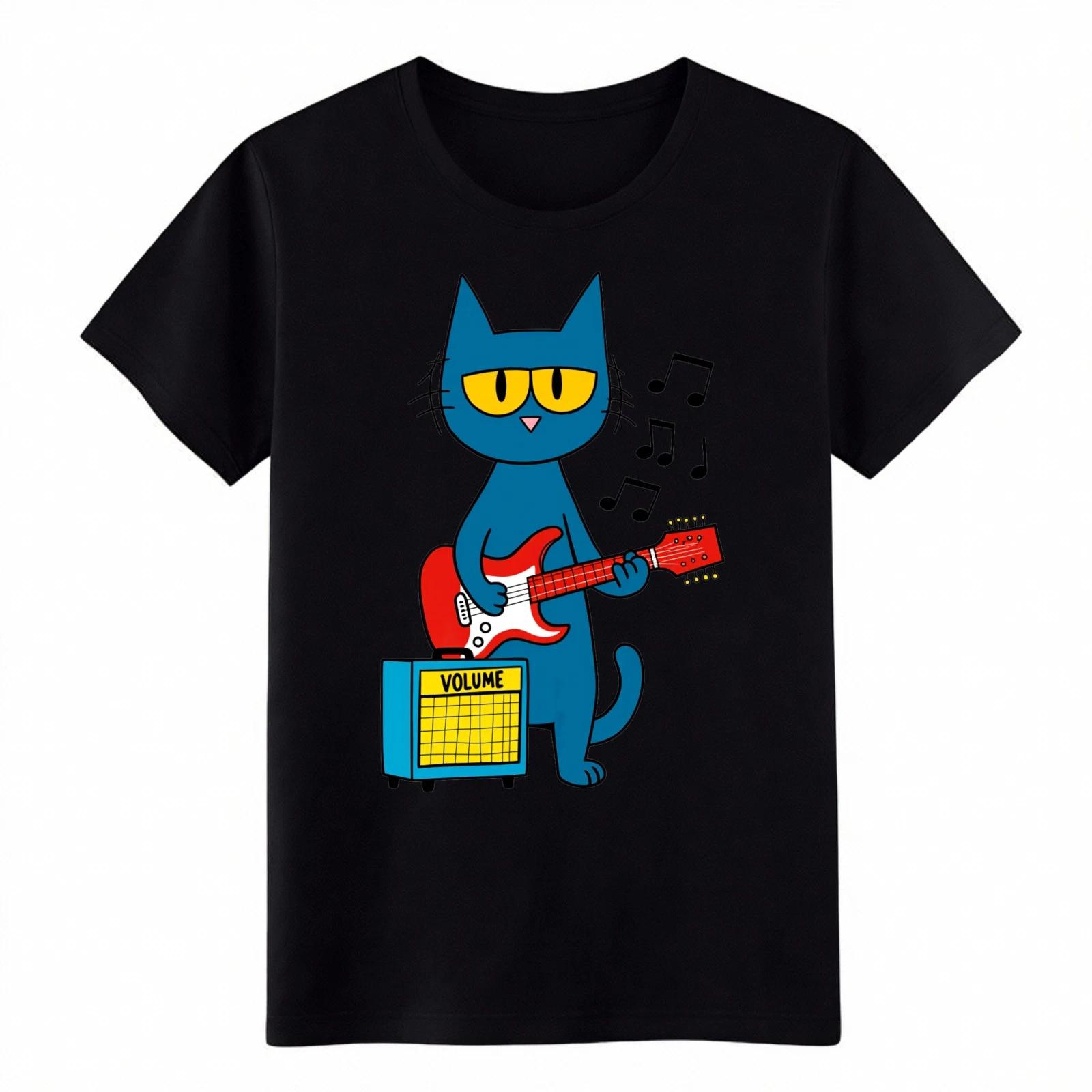 Cool Blue Cat Playing Guitar T-Shirt, Funny Rock Music Cat Graphic Tee M