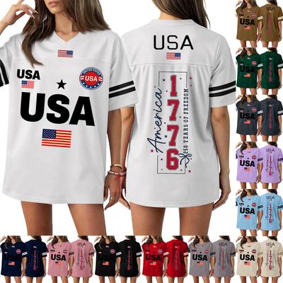 Damen Casual Mode V-Ausschnitt Sport Unabhängigkeitstag Druck Kurzarm Sport T-Shirt Top