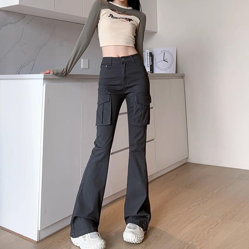 Women's Gray Micro-Flare High-Waisted Cargo Pants, 2025 Spring/Summer Collection - Slimming Multi-Pocket, Floor-Length