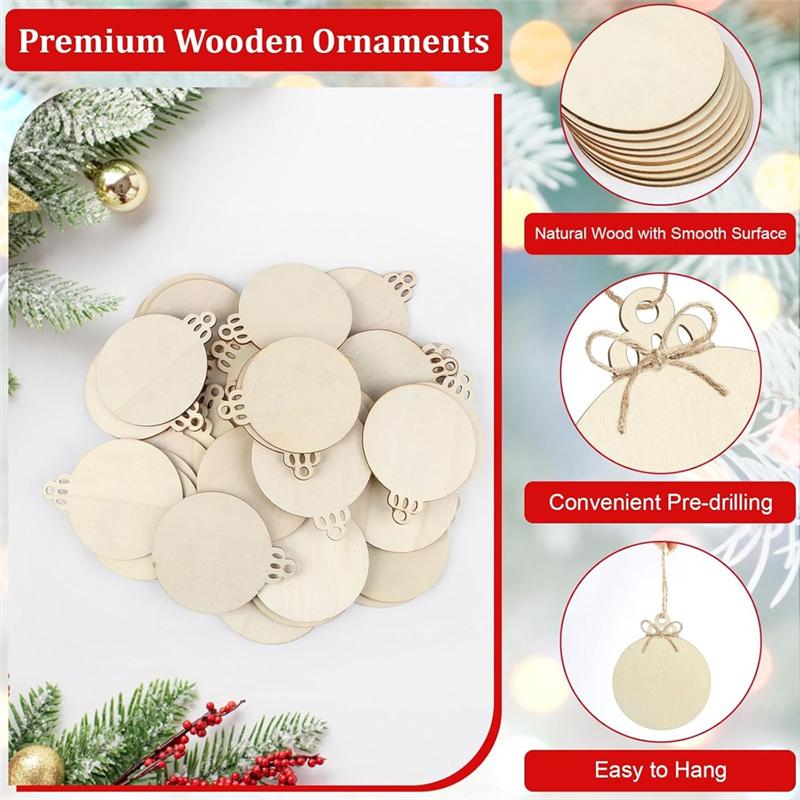 50 STÜCK Holz-Weihnachtsornamente, 3 Zoll DIY Holzornament zum Basteln, Unfertiges Holzornament zum Bemalen, Blanko Rund
