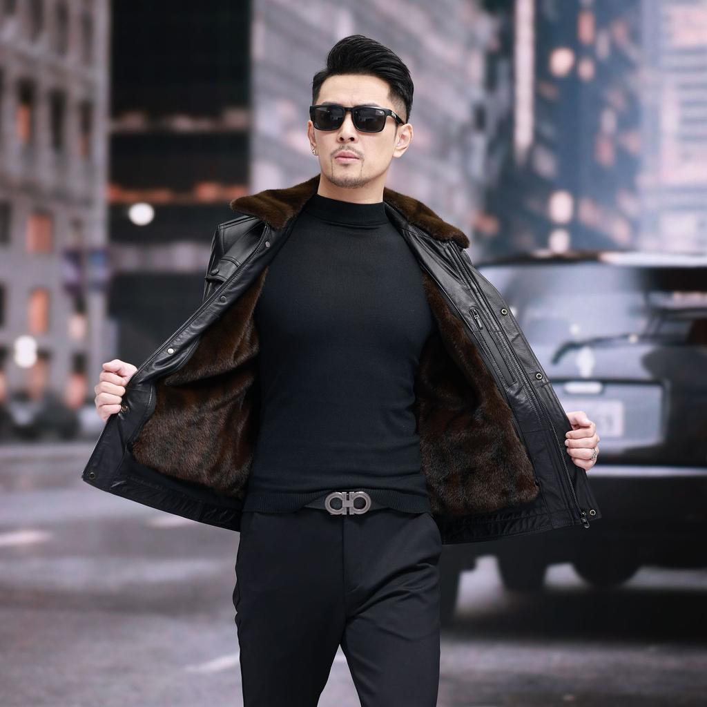 Mink velvet collar genuine leather cowhide jacket with lining mink velvet genuine leather jacket men's lapel thickened jacket winter