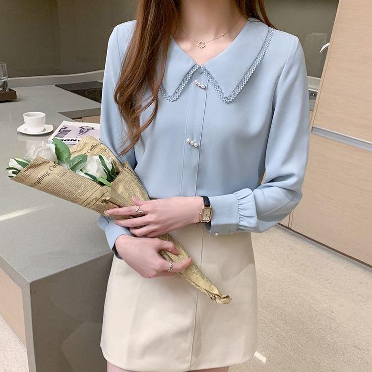 

Versatile Slimming Long Sleeve Doll Collar Shirt for Spring & Autumn L светло-синий