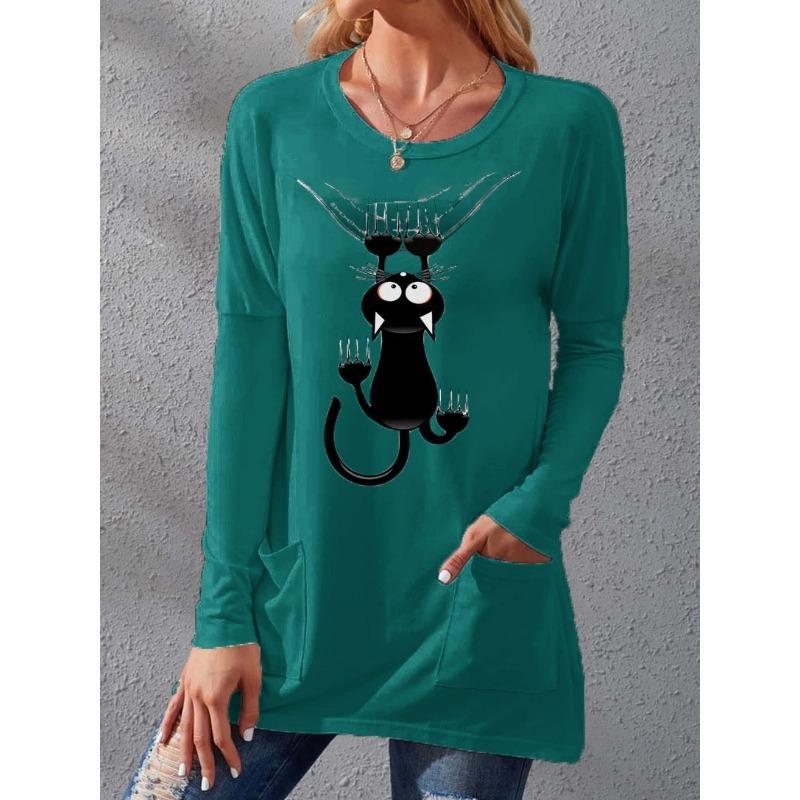 

Новая карманная футболка с круглым вырезом, принтованное свободное платье с длинным рукавом для женщин на осень и зиму 5XL зелёный