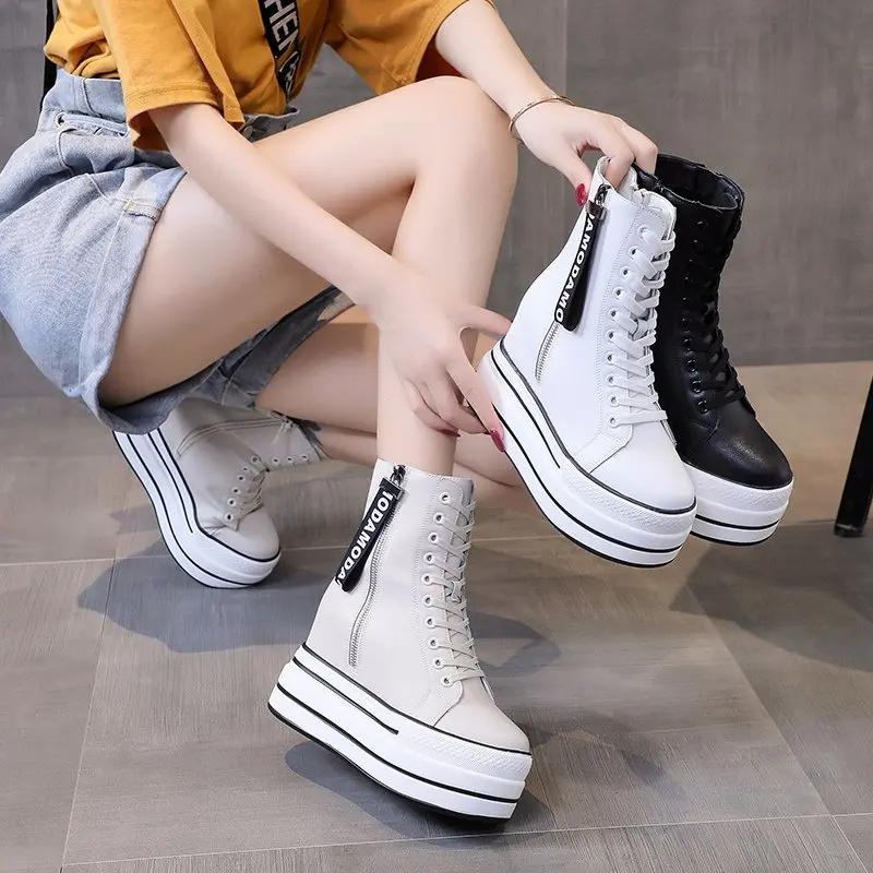 Mode Weiß Trendy Stiefel Frauen High Top Sneakers Plattform Zip Stiefeletten Femme Chaussures Femmes Höhe Erhöhen Outdoor Sport Schuhe