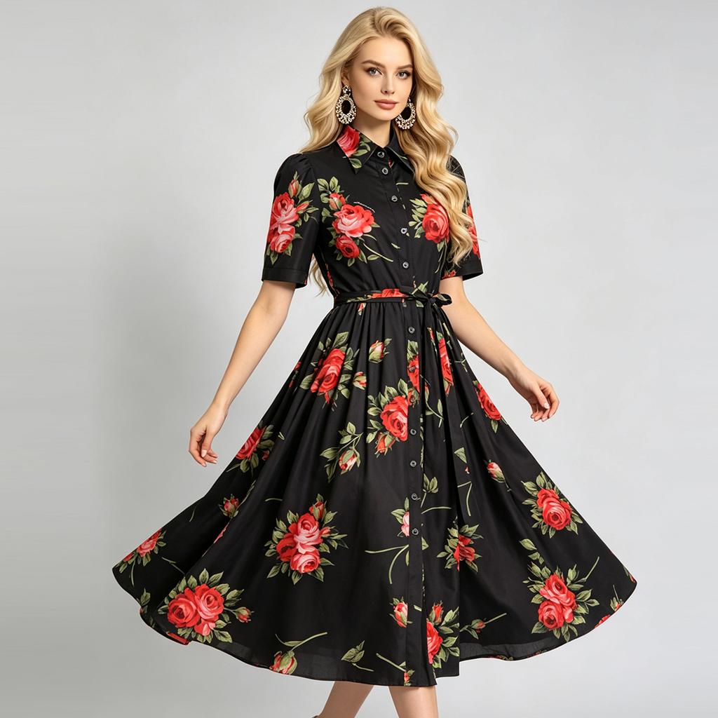 New Summer Beach Gorgeous Floral Midi Dress Shirt Women Single Breasted Belt Lace Up Short Sleeve Long Party Dresses Office Lady