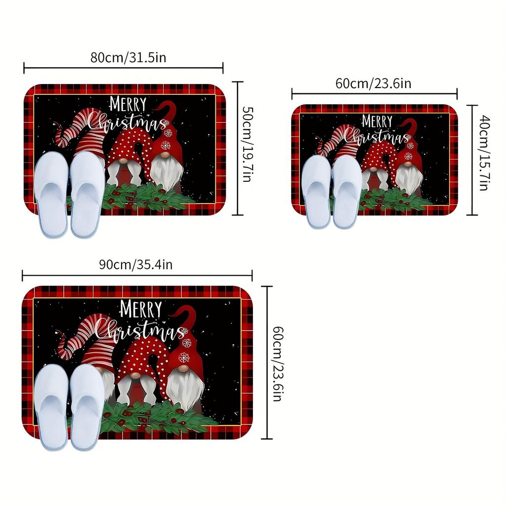1pc Christmas‑Gnome‑Holly‑Berry Print Welcome Doormat, Washable Indoor Floor Mat for Bathroom, Living Room, Bedroom, Kitchen