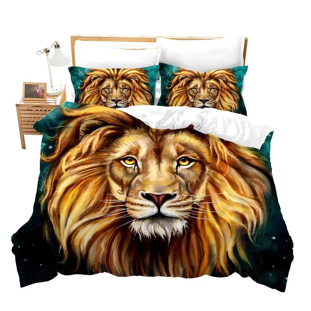 Lion Print Duvet Set Full Size Animal Flower Quilt Cover Natural Theme Bedding Three-Piece Set