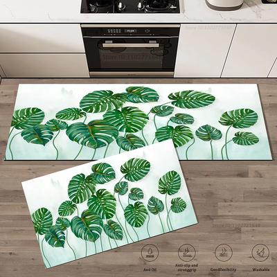 Simple Style Green Leaves Pattern Non-Slip Kitchen Carpet Living Room Entrance Doormat Rug Washable Mat Home Decoration