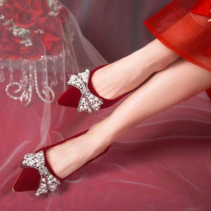 Trendy Red Bridal Shoes New Wine Red Two-Wear High Heels French Wedding Toast Sandal Summer Pumps
