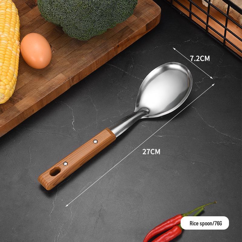 Stainless Steel Kitchen Utensil Set: Slotted Spoon, Soup Spoon, Frying Pan Spatula, Rice Spoon, Stir-fry Spatula.