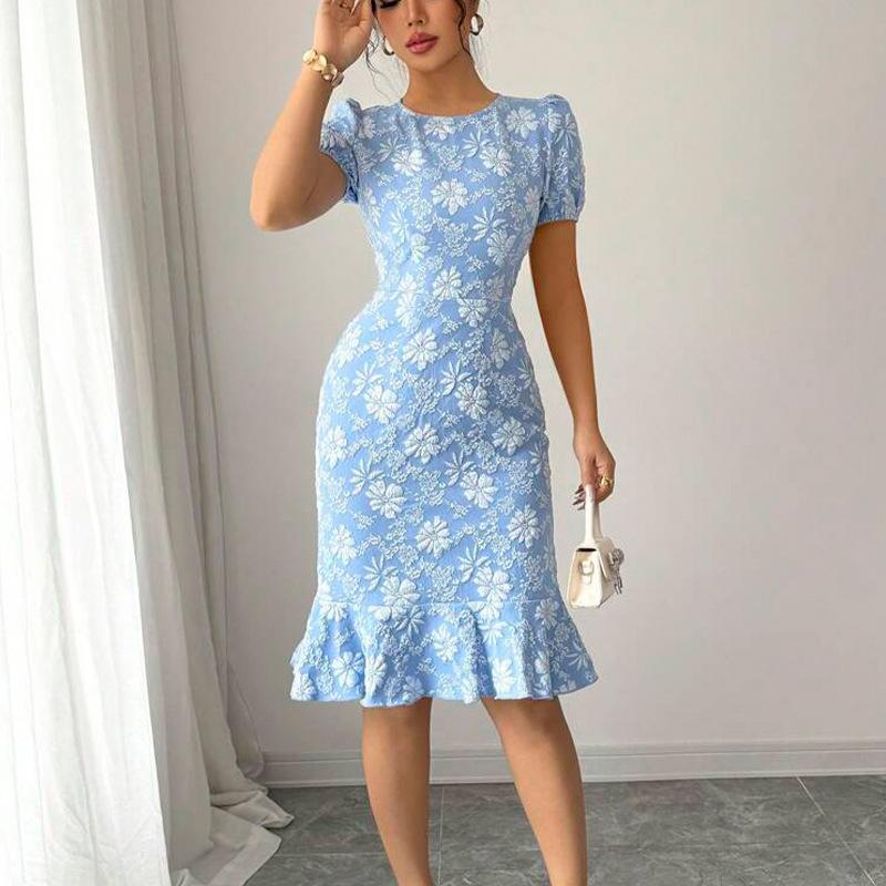Summer New Style Little Daisy Embossed Dress Short-sleeved Slim Fishtail Skirt YDX1115
