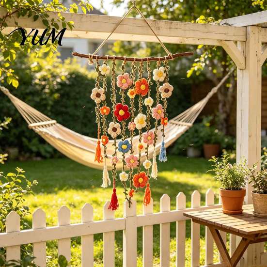 Easy to Install Wall Ornaments Bohemian Crochet Flower Hanging Tapestry, Handmade Tassels Decor Textile Decoration with Wooden Stick, Living