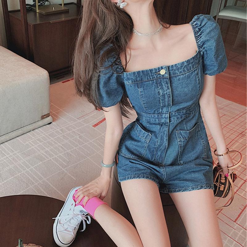Square Neck Puff Sleeve Denim Jumpsuit for Women - Loose, Retro Korean Style, Petite, Summer 2024.