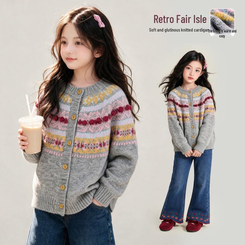 Girls Retro Fair Isle Crew Neck Knit Sweater