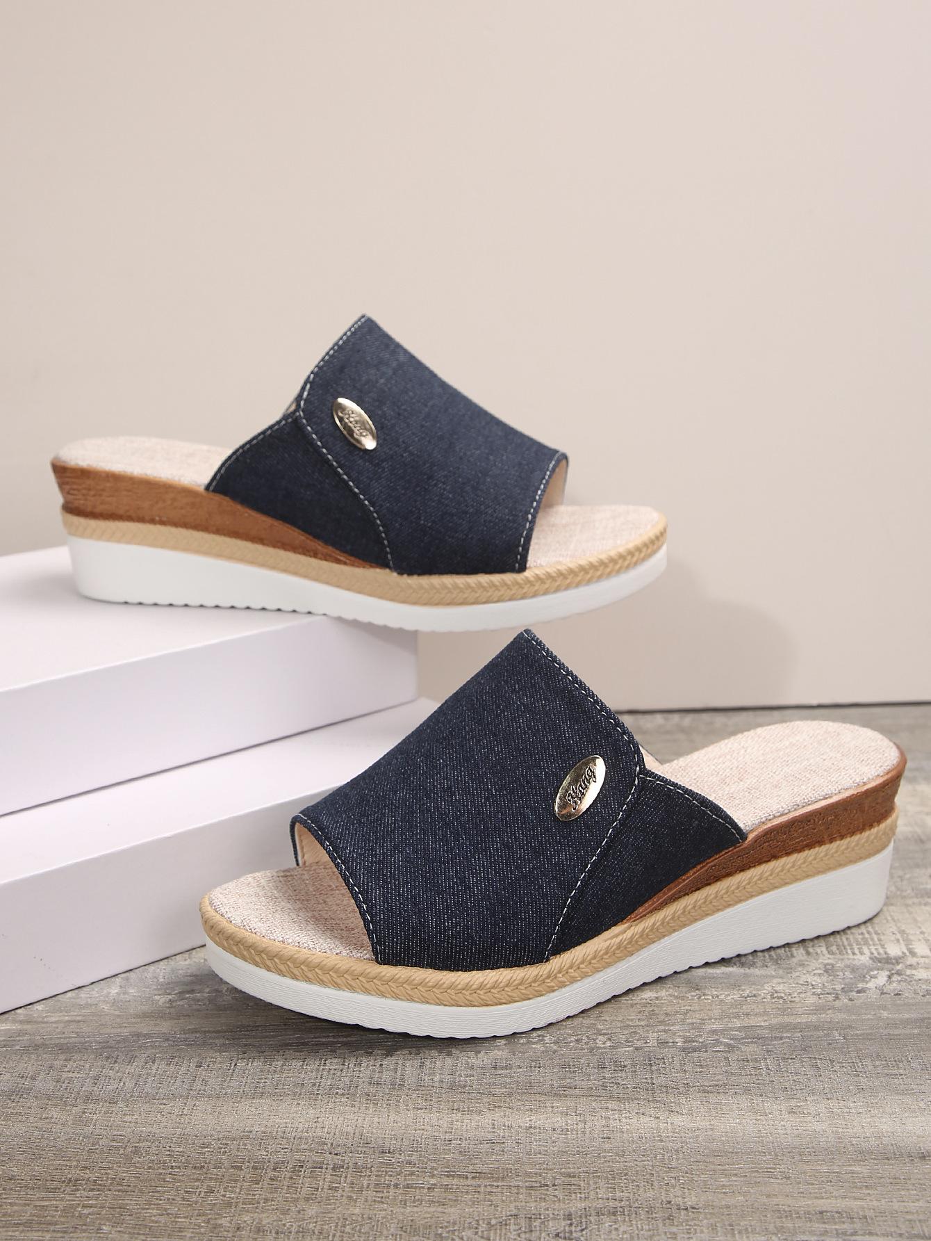 

Весна и лето 2024 года, новые женские тапочки на каблуке с уклоном, европейские и американские, импортные, толстая подошва, средний каблук, пляжный рыбий рот, одно слово co 36 темно-синий