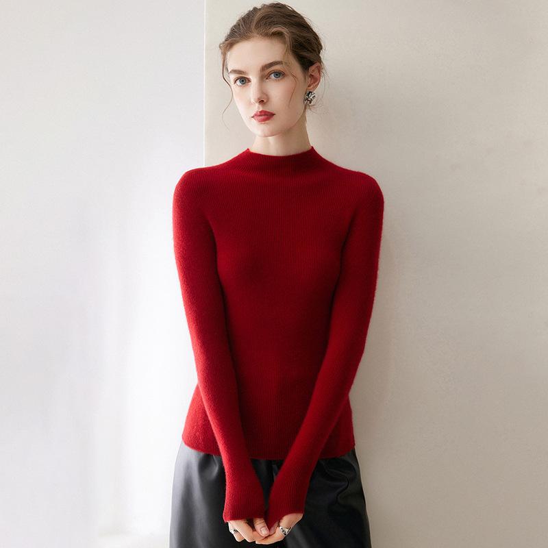 Women's Cashmere Seamless Knit Long Sleeve Sweater, Half-High Neck.