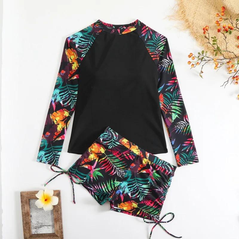 New 2025 Ladies Long Sleeve Printed Bikini Set Separate Tankini Swimsuit Women Fashionable Patchwork Design Swimming Costume