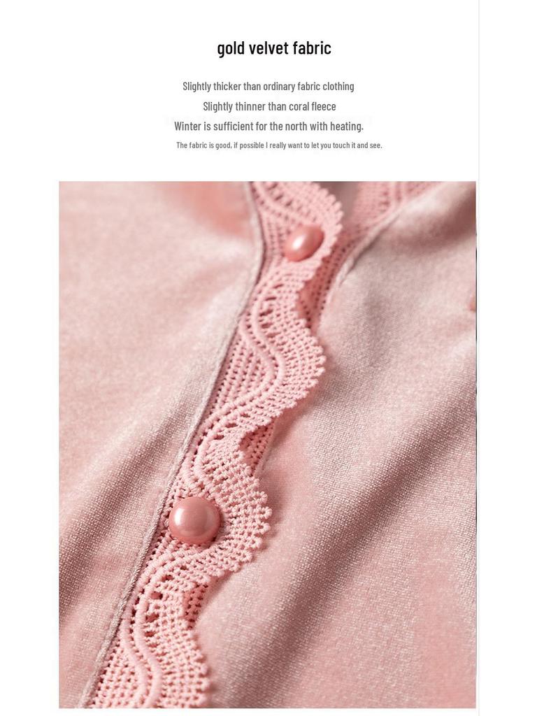 Women's Golden Velvet Lace Pajamas - Thick, Sweet High-End Long-Sleeve Two-Piece for Fall & Winter, Suitable for Outdoor Wear