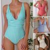 Women Monokini Deep V-Neck Sleeveless Slim Fit One-Piece Bikini Striped Print High Waist Tummy Control One-piece Swimsuit