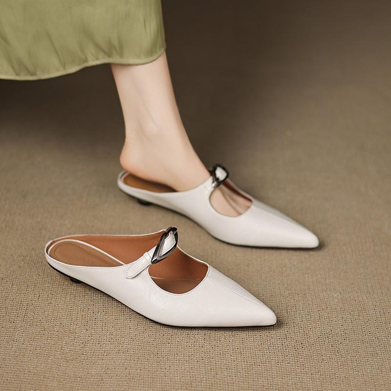 Fashion NEW Summer Women Mules Split Leather Shoes for Women Pointed Toe Low Heel Shoe Cover Toe Slingback Sandals Metal Buckle Slippers