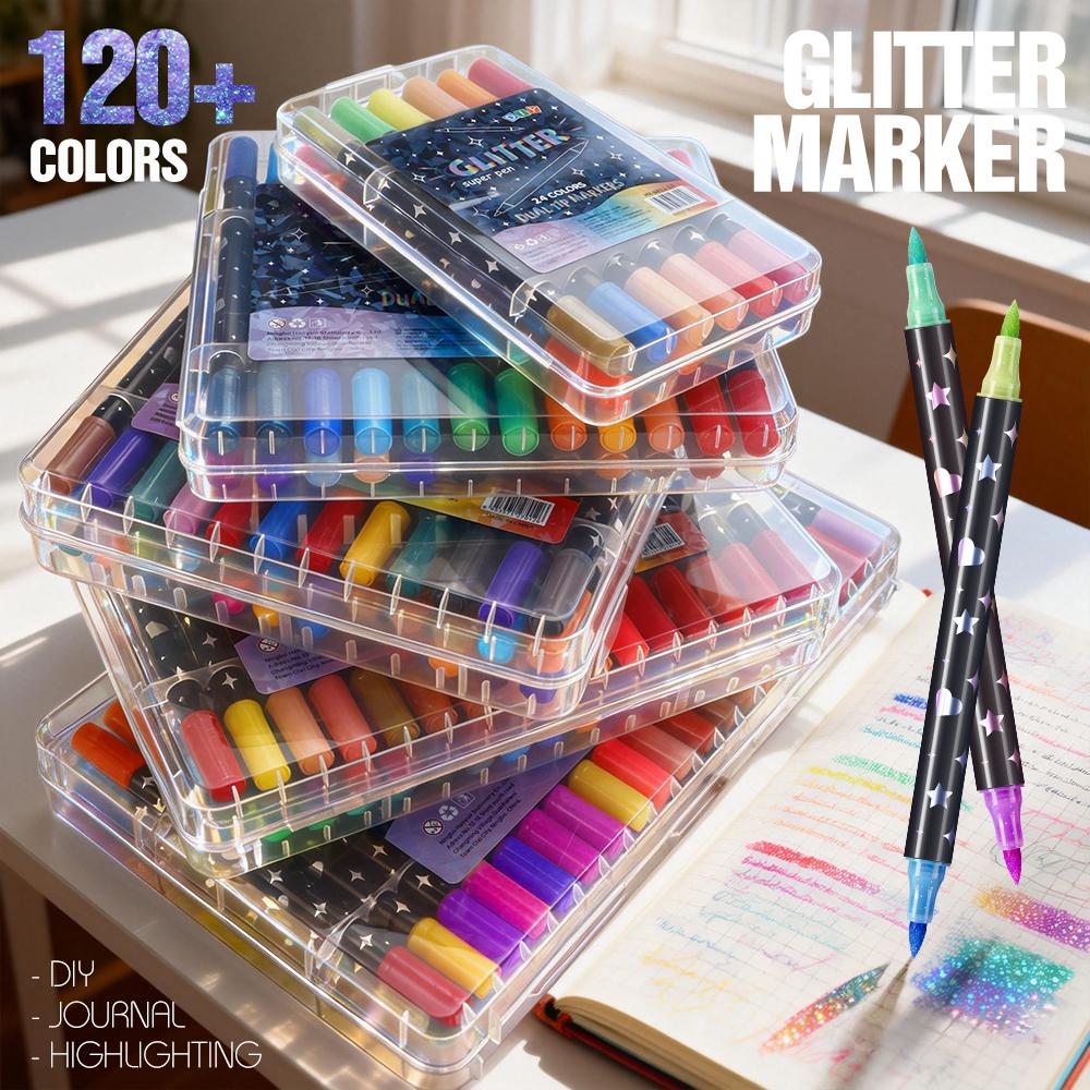 Double Head Double Color Glitter Marker Pen 120 Colors From Soft Tip Watercolor Pen Permanent Ink Dry Drawing Pen OEM&ODM