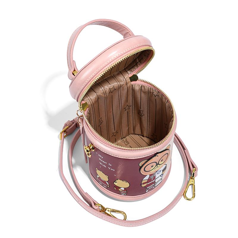 New Bear Print Round Tube Mobile Phone Bag Womens Commuter Crossbody Bag Small Size Vintage Style PU Leather Single Shoulder Bag