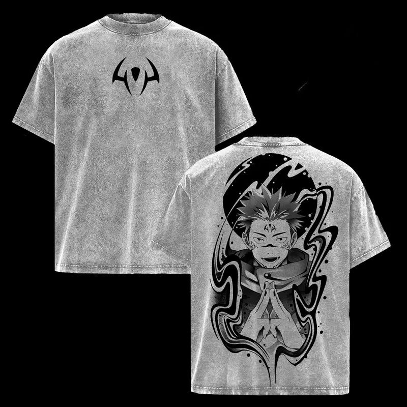 Hot Anime Jujutsu Kaisen Ryomen Sukuna Clothing Men Women Tshirts Washed Cotton Tee Retro Oversized T-shirt Harajuku T Shirt