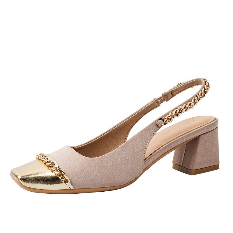 Retro chain splicing Mary Jane shoes women's thick heel square head sandals outer wear color matching single shoes summer