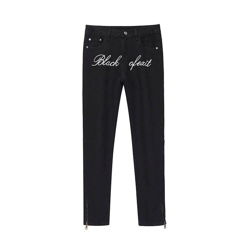

Black of Exit National Fashion Street Retro Embroidered Split Jeans Black Slimming High Street Slim fit Trousers Black 2XL
