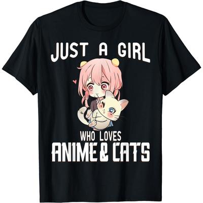 EdvenA Just a Girl Who Loves Anime and Cats Lover for Teen T-Shirt (Black, XL)