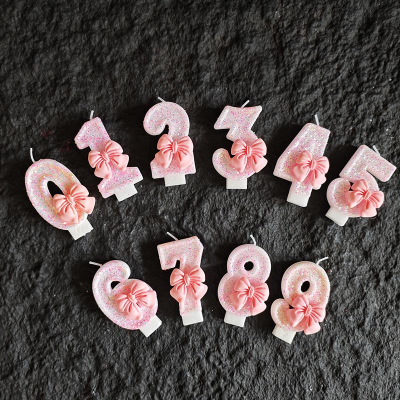 3D Birthday Candles with Pink Bow Decorations Numbers 0-9 Suitable for Birthdays Parties Festivals New Year's Celebrations