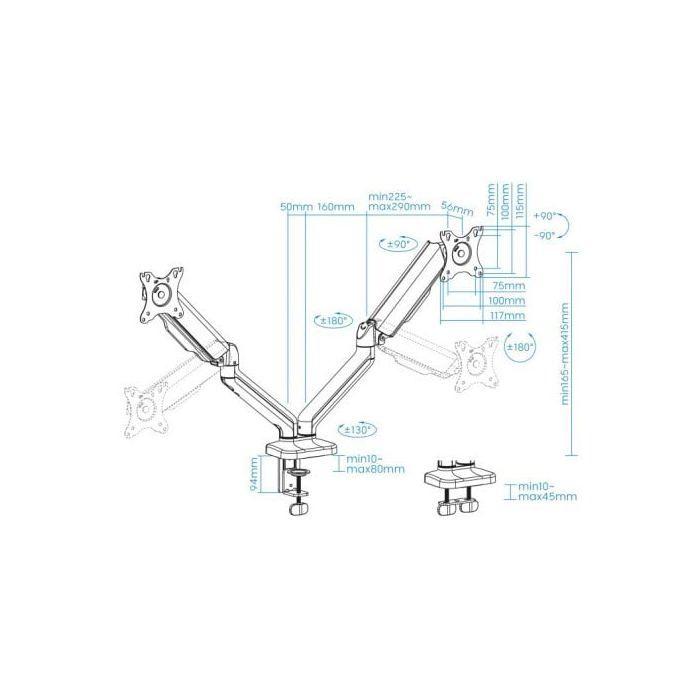 TOOQ DB5132TNR-B - Stolní držák otočný a naklápěcí pro 2 monitory, 17"-32", nastavitelný a seřiditelný s pružinovým mechanismem,