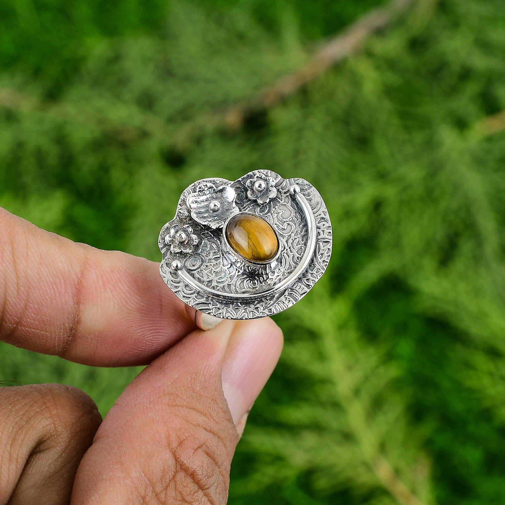 

Натуральный Тигровый Глаз Мульти Камень Цветок Регулируемое Кольцо 925 Серебро Для Девочек Adjustable