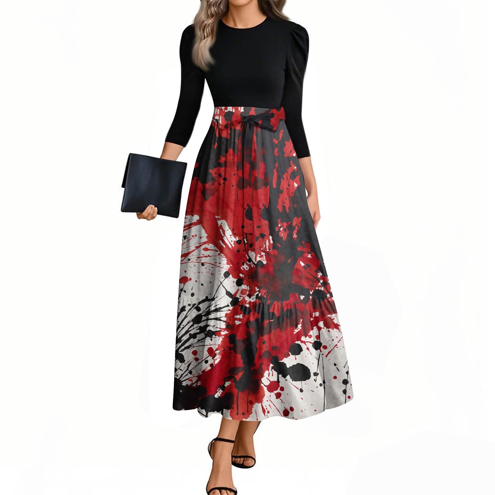 

Женские модные повседневные платья с поясом, рукавом три четверти, круглым вырезом, с принтом на Хэллоуин, элегантные, с темпераментом S