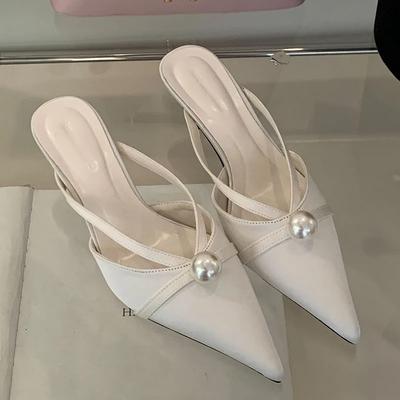 Mode Neu 2025 Slipper Damenschuhe Absätze Pumps Pantoletten Schuhe Spitzschuh Mode Perlenkette Damen Mittelhohe Absätze Schuhe Weibliche Pantoletten