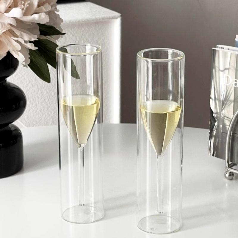 Double Wall Champagne Glasses - Elegant Crystal-Design Tulip & Flute Cups for Weddings, Cocktails & Toast, Shatter-Resistant