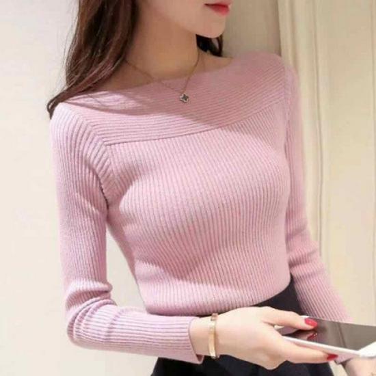 

Женский вязаный облегающий пуловер в рубчик с одним плечом - с длинным рукавом, универсальный для осени и зимы One Size розовый